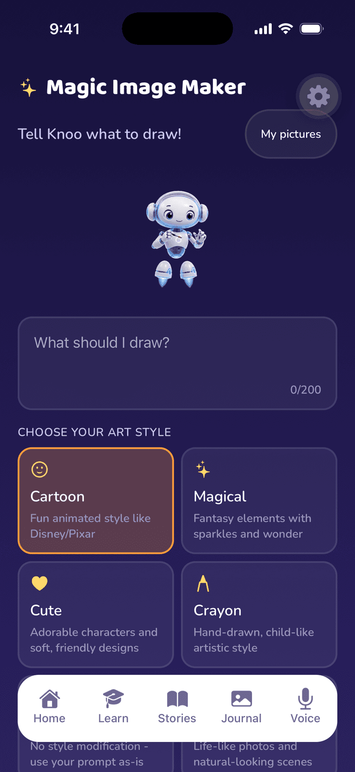 The Magic Image Maker screen on iPhone, with a box to describe a picture and a choice of cartoon, magical, cute and crayon styles.
