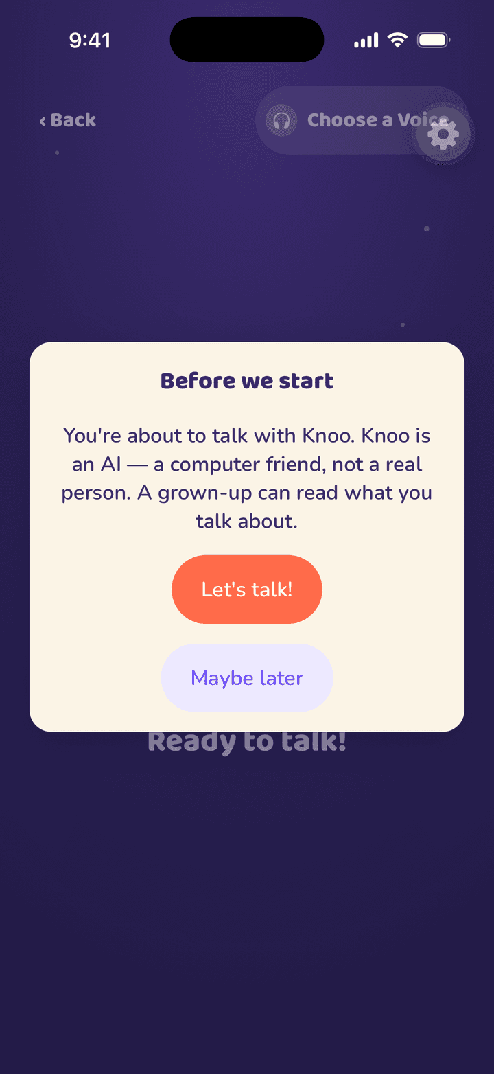 The Knoo voice screen on iPhone showing the card it displays before every call: Knoo is an AI, a computer friend, not a real person, and a grown-up can read what you talk about.